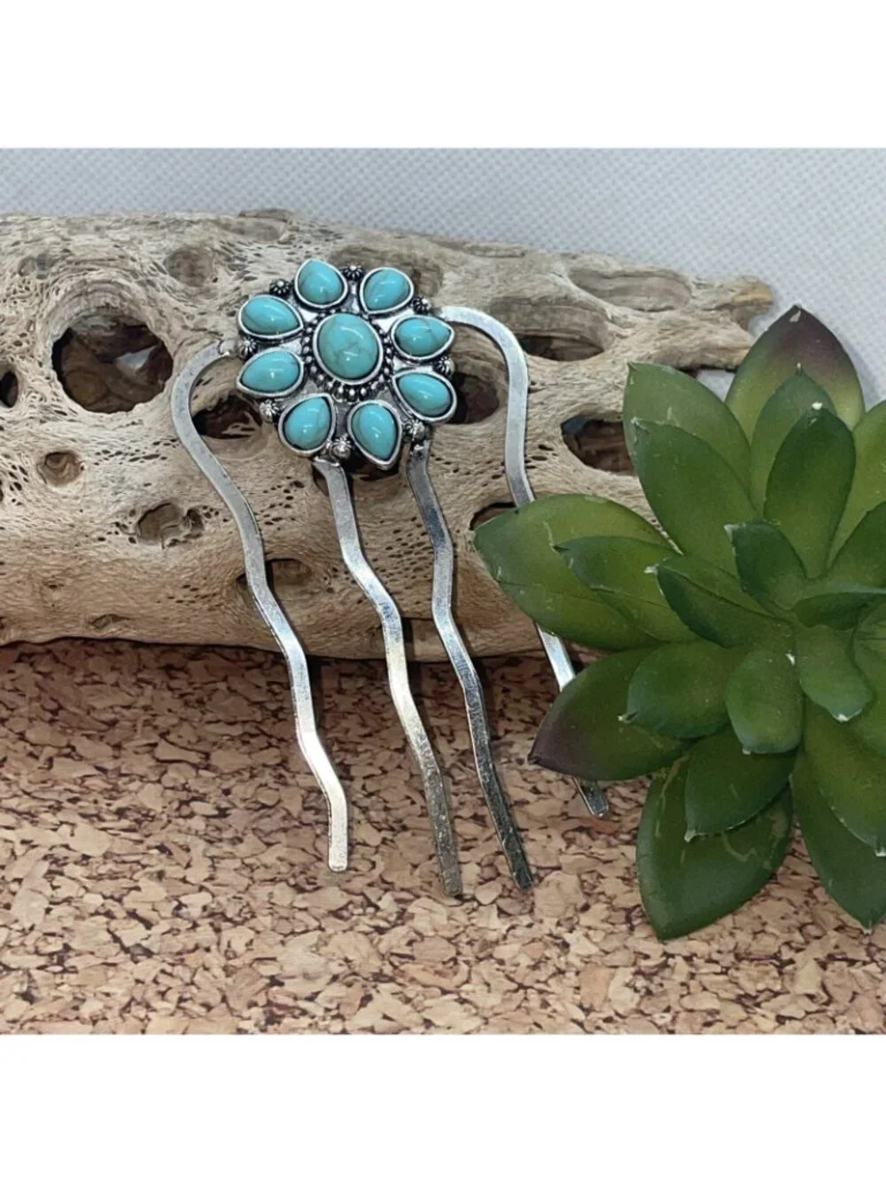 WESTERN Blue TURQUOISE HAIR PIN Clip Silver Southwest Comb Barrette Fall cowgirl